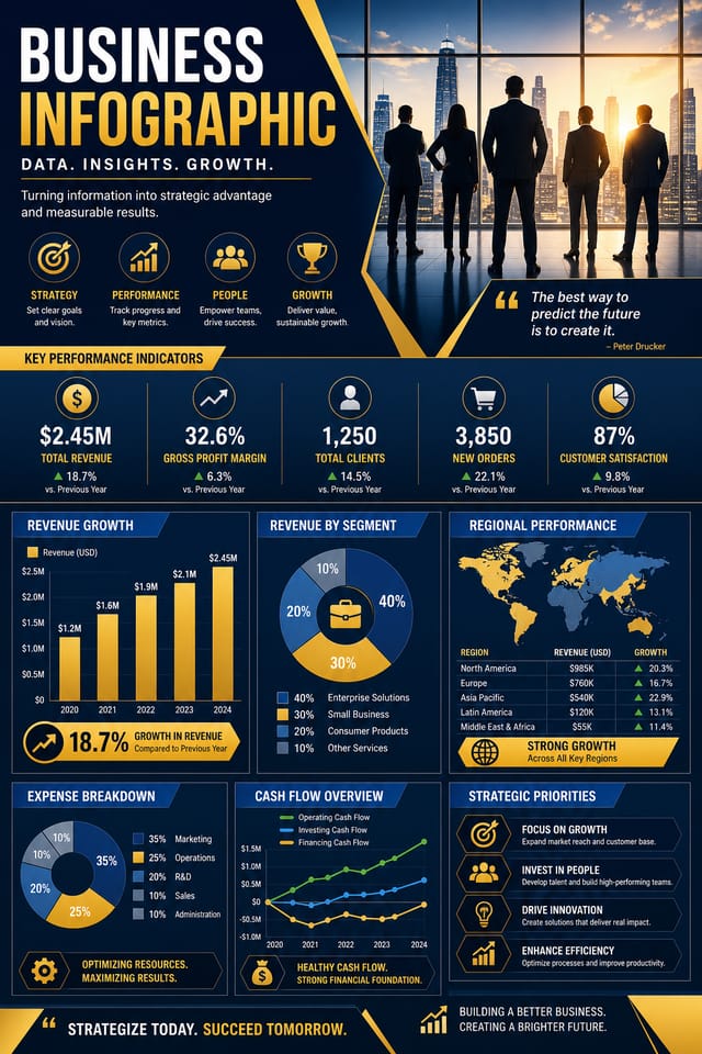 Business Infographic — vibrant style infographic, featuring professional office imagery, suit silhouettes, navy and gold palette