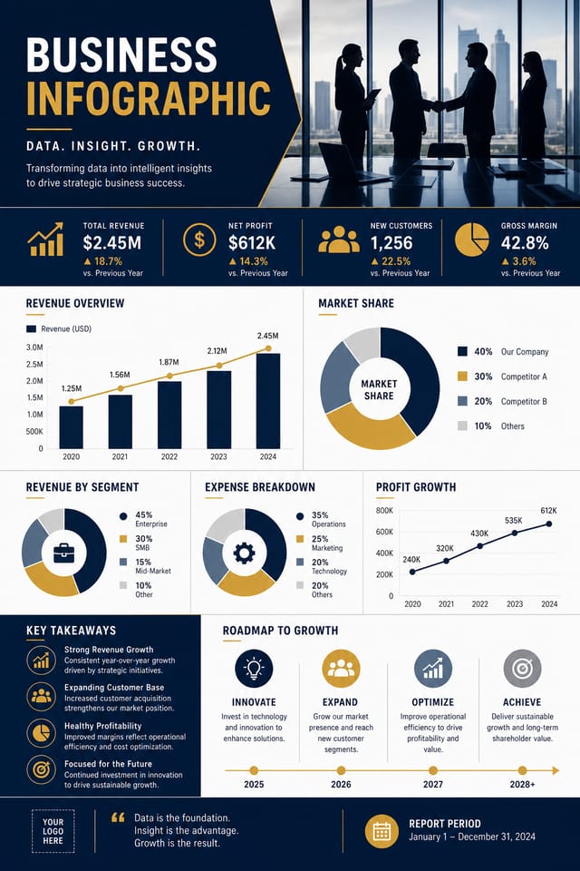 Business Infographic — corporate style infographic, featuring professional office imagery, suit silhouettes, navy and gold palette