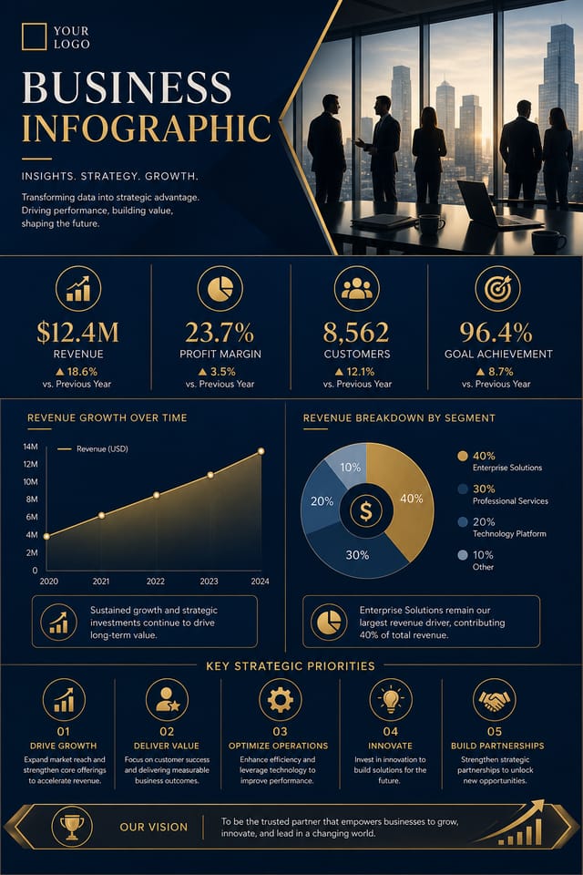 Business Infographic — elegant style infographic, featuring professional office imagery, suit silhouettes, navy and gold palette