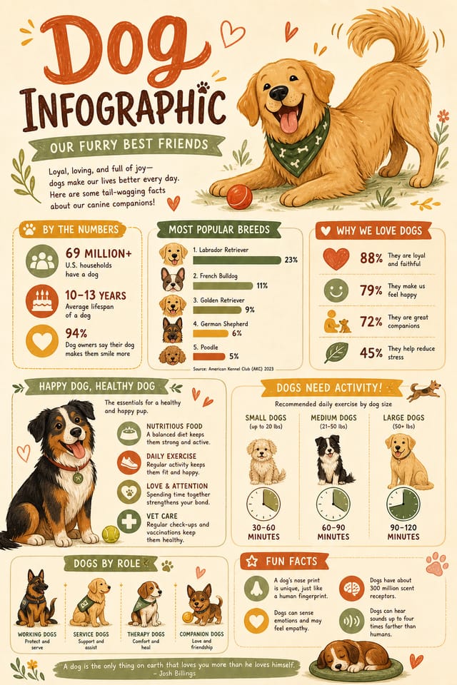 Dog Infographic — illustration style infographic, featuring friendly dog illustration, playful pose, warm palette