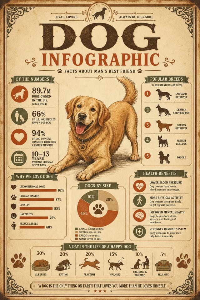 Dog Infographic — vintage style infographic, featuring friendly dog illustration, playful pose, warm palette