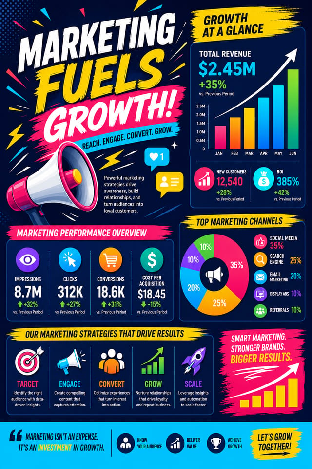 Marketing Infographic — vibrant style infographic, featuring megaphone, growth charts, dynamic typography, vibrant palette