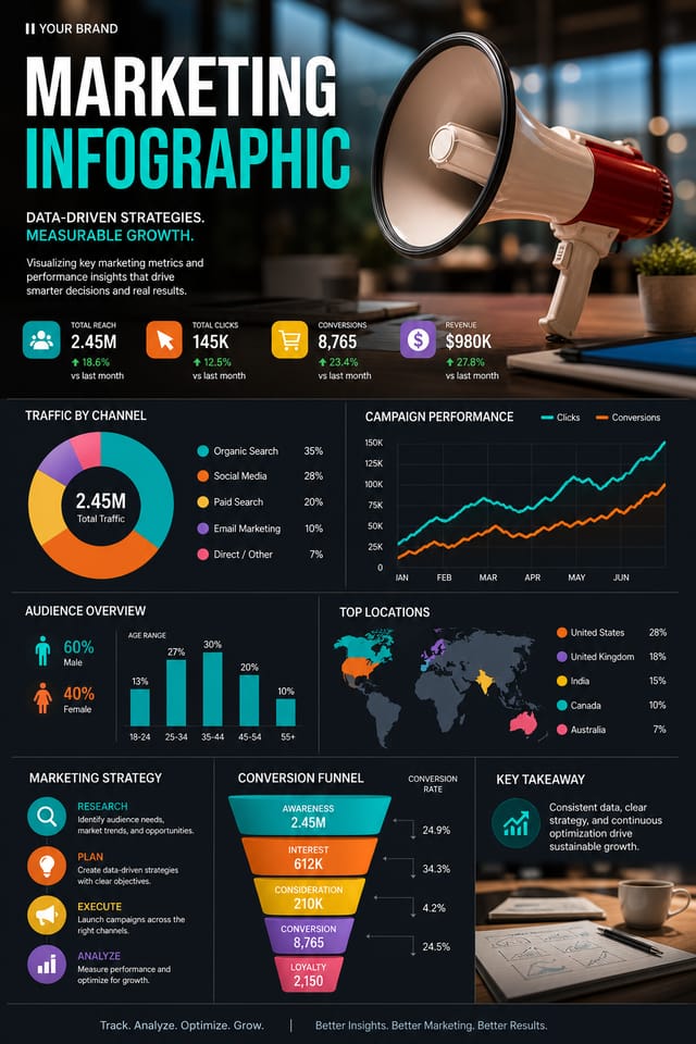 Marketing Infographic — photo-realistic style infographic, featuring megaphone, growth charts, dynamic typography, vibrant palette