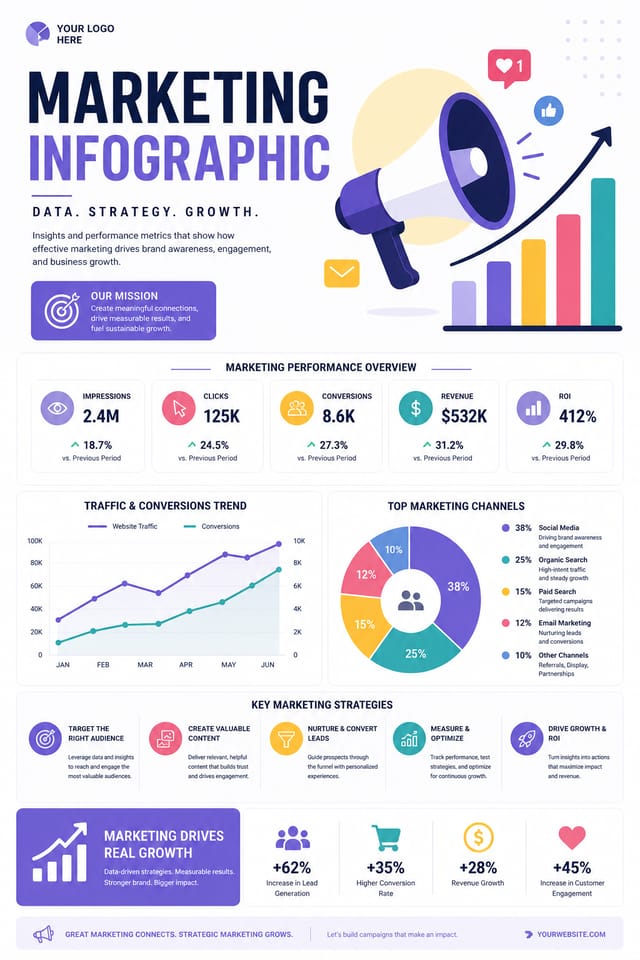 Marketing Infographic — modern style infographic, featuring megaphone, growth charts, dynamic typography, vibrant palette