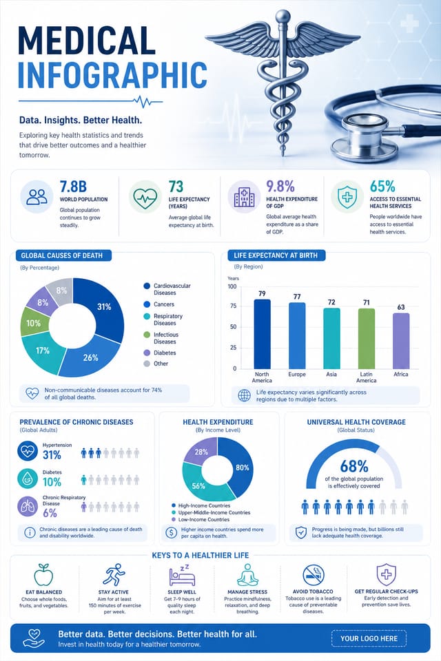 Medical Infographic — modern style infographic, featuring caduceus, stethoscope, clean white/blue palette, healthcare imagery