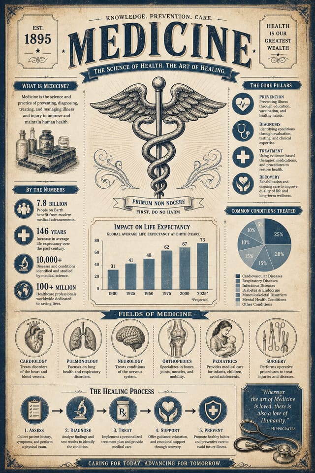 Medical Infographic — vintage style infographic, featuring caduceus, stethoscope, clean white/blue palette, healthcare imagery
