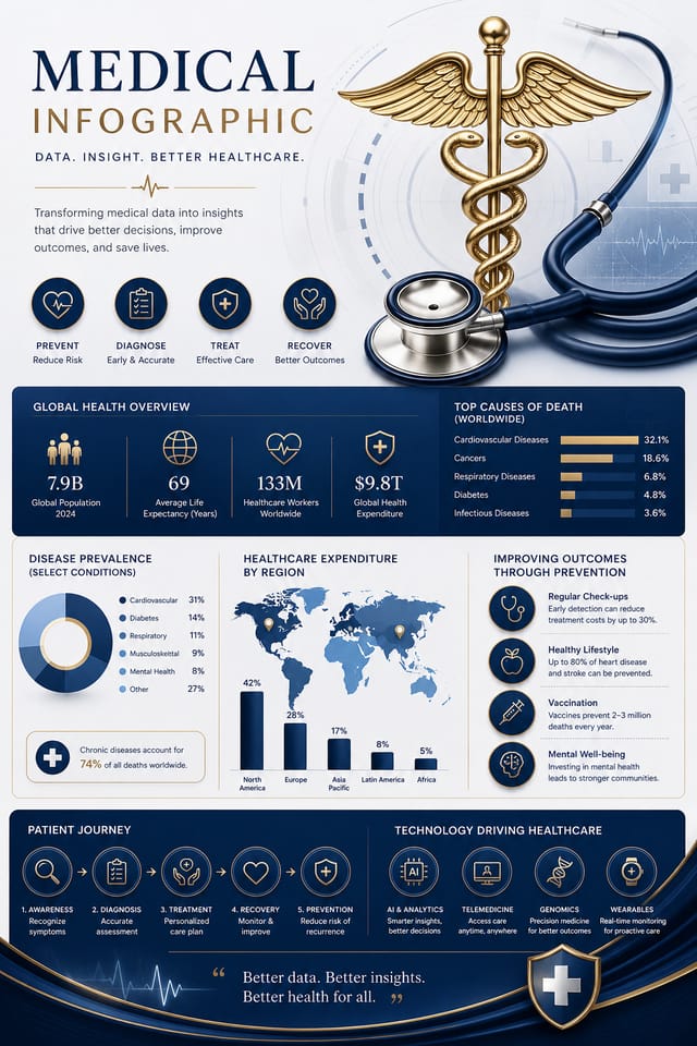Medical Infographic — elegant style infographic, featuring caduceus, stethoscope, clean white/blue palette, healthcare imagery