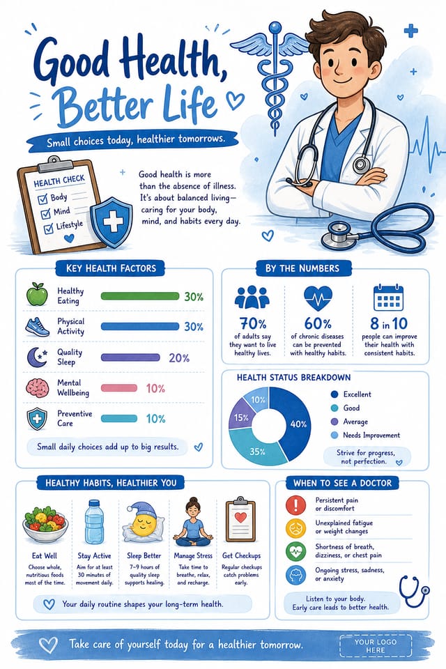 Medical Infographic — illustration style infographic, featuring caduceus, stethoscope, clean white/blue palette, healthcare imagery