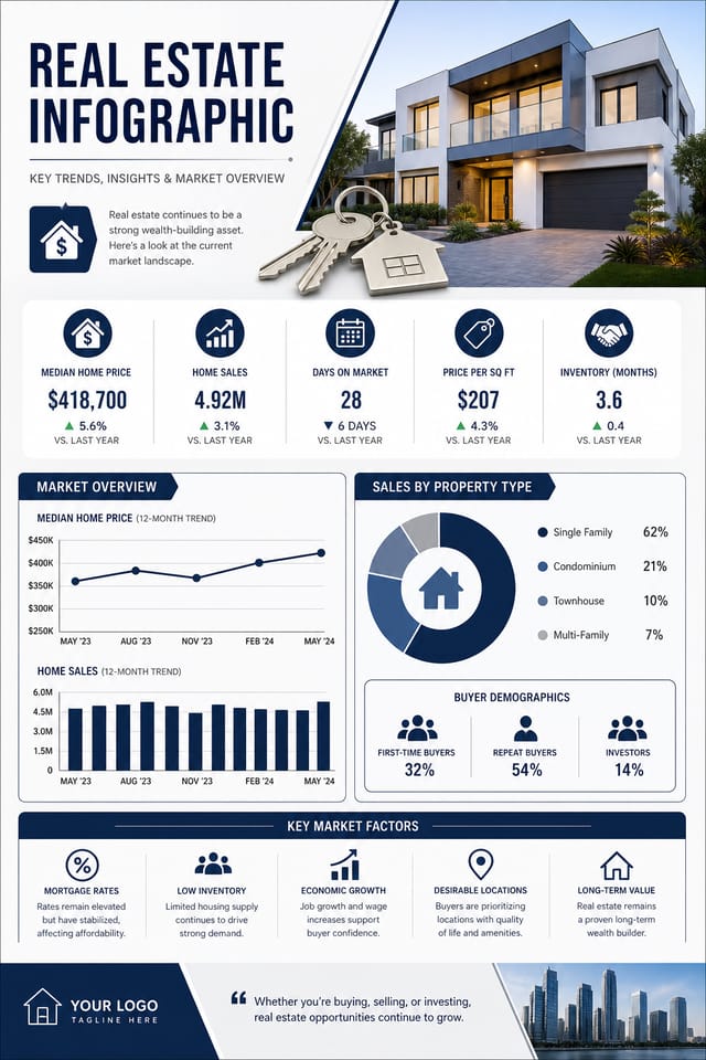 Real Estate Infographic — corporate style infographic, featuring houses, keys, modern architecture, navy and grey palette, professional