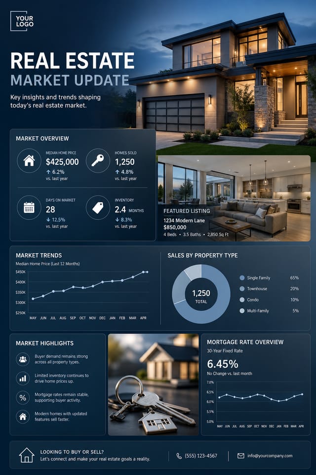Real Estate Infographic — photo-realistic style infographic, featuring houses, keys, modern architecture, navy and grey palette, professional