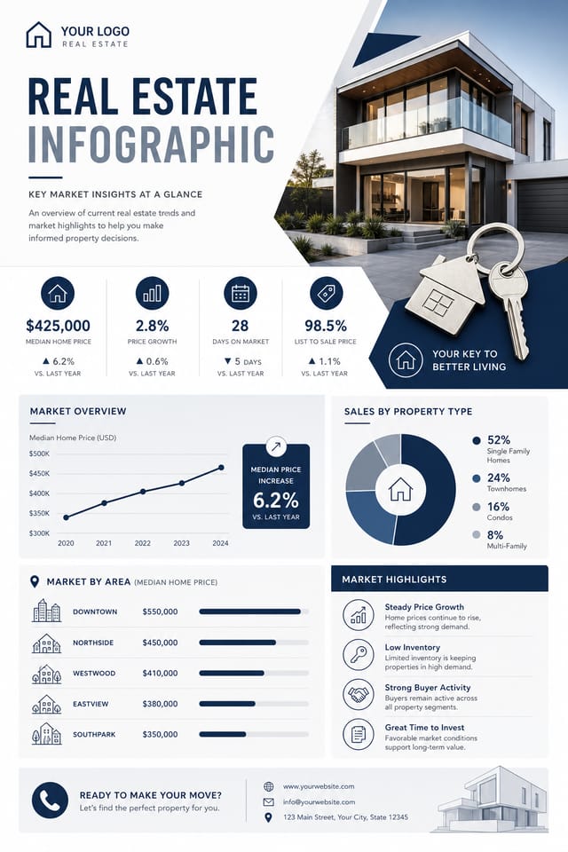 Real Estate Infographic — modern style infographic, featuring houses, keys, modern architecture, navy and grey palette, professional