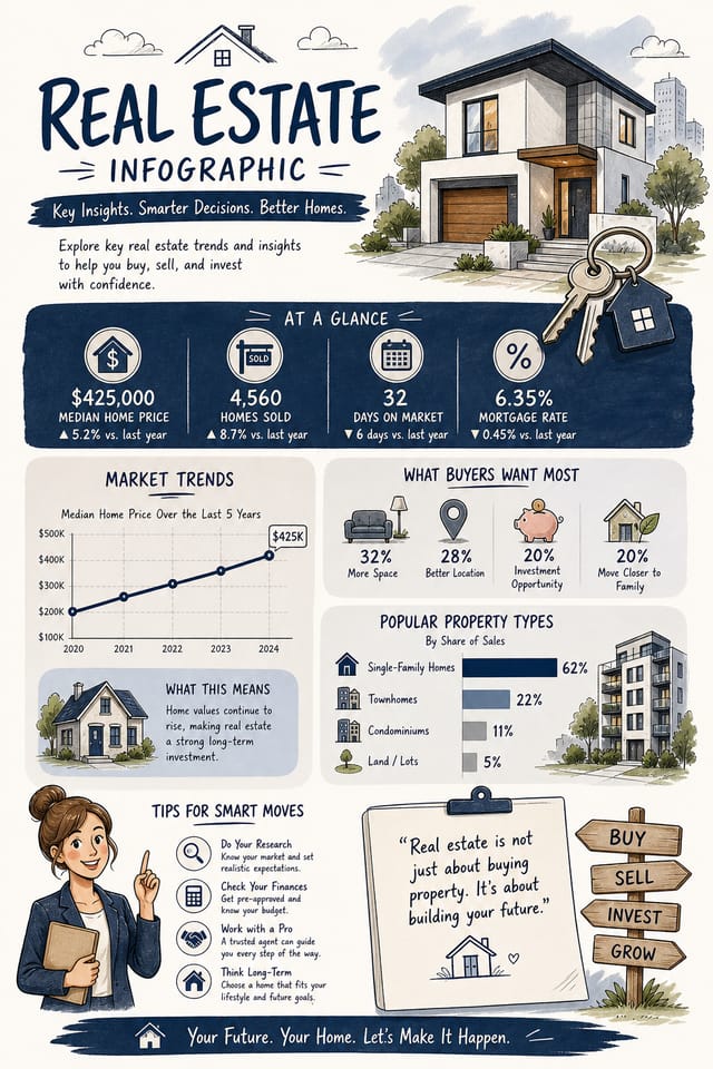 Real Estate Infographic — illustration style infographic, featuring houses, keys, modern architecture, navy and grey palette, professional