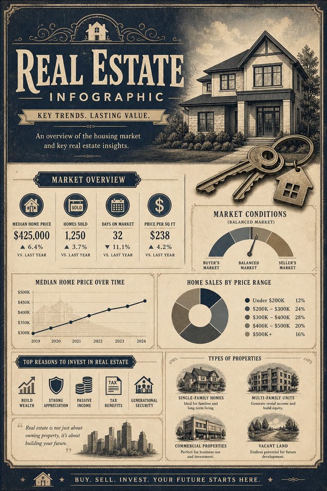 Real Estate Infographic — vintage style infographic, featuring houses, keys, modern architecture, navy and grey palette, professional