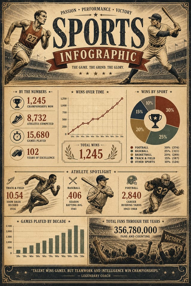 Sports Infographic — vintage style infographic, featuring athletic action poses, stadium imagery, dynamic motion lines