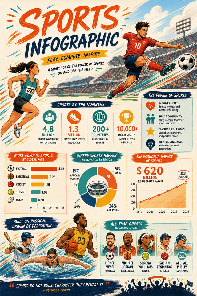 Sports Infographic — illustration style infographic, featuring athletic action poses, stadium imagery, dynamic motion lines