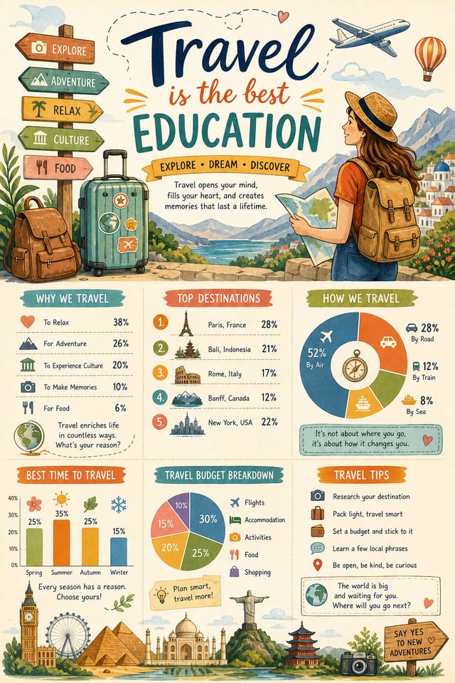 Travel Infographic — illustration style infographic, featuring landmarks, suitcase, plane, scenic vistas