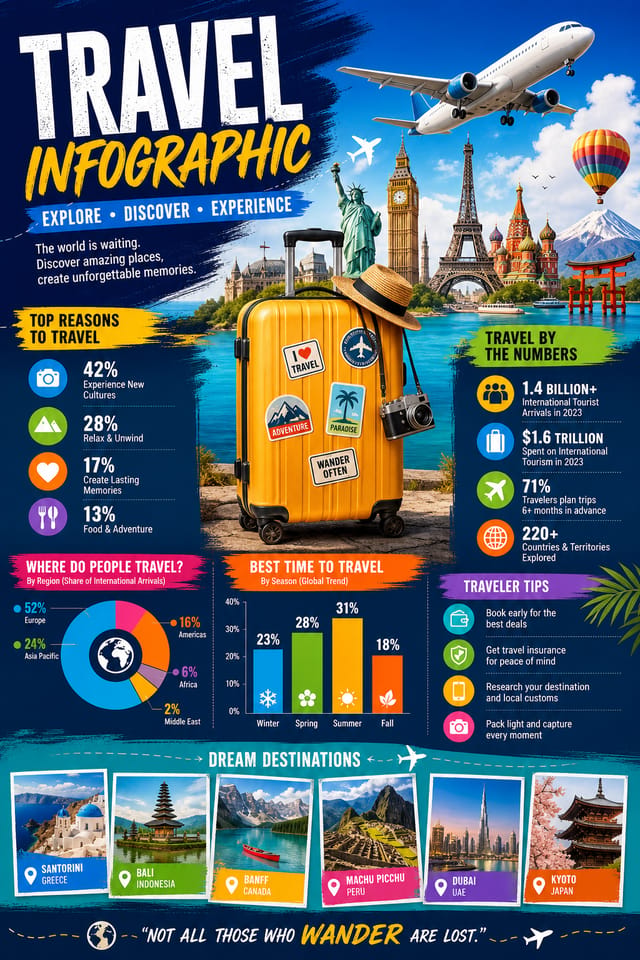 Travel Infographic — vibrant style infographic, featuring landmarks, suitcase, plane, scenic vistas