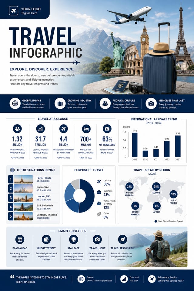 Travel Infographic — corporate style infographic, featuring landmarks, suitcase, plane, scenic vistas