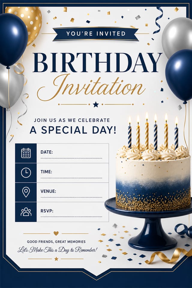 Birthday Invitation — corporate style invitation card, featuring balloons, birthday cake, candles, confetti, festive bright colors