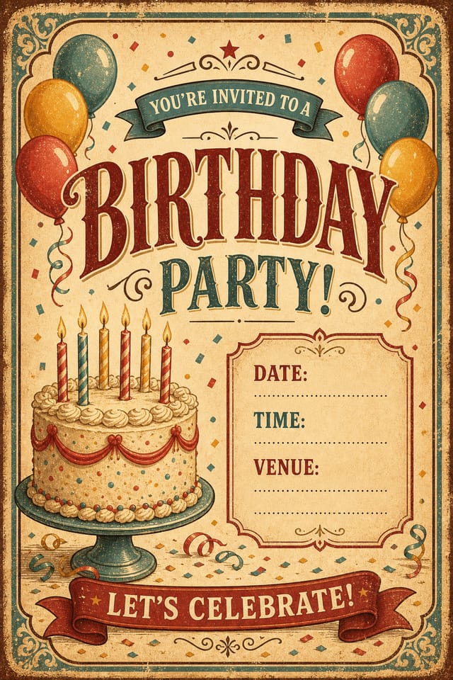 Birthday Invitation — vintage style invitation card, featuring balloons, birthday cake, candles, confetti, festive bright colors