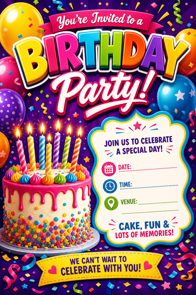 Birthday Invitation — vibrant style invitation card, featuring balloons, birthday cake, candles, confetti, festive bright colors