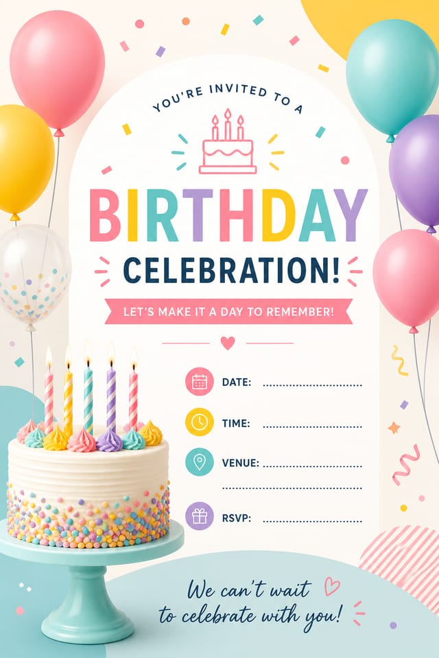 Birthday Invitation — modern style invitation card, featuring balloons, birthday cake, candles, confetti, festive bright colors