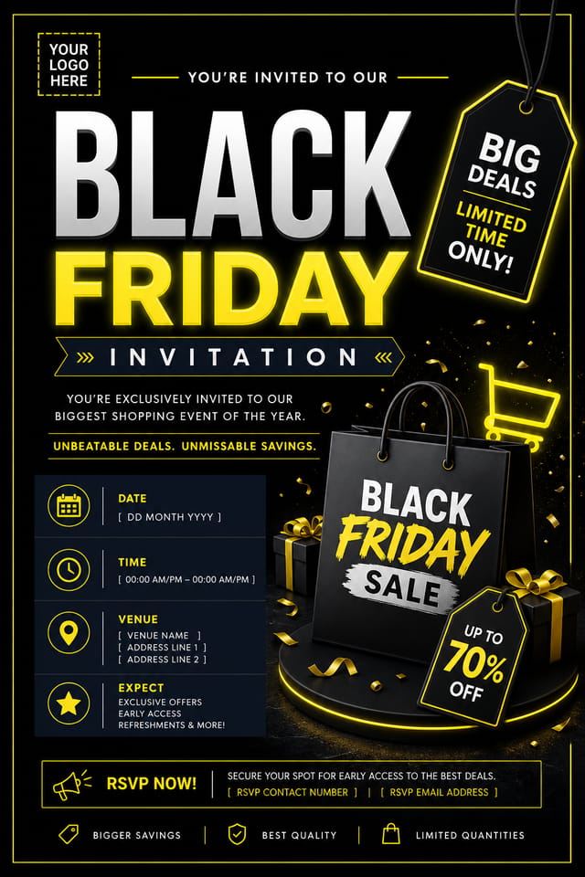 Black Friday Invitation — corporate style invitation card, featuring bold black background, neon yellow accents, sale imagery, urgency typography