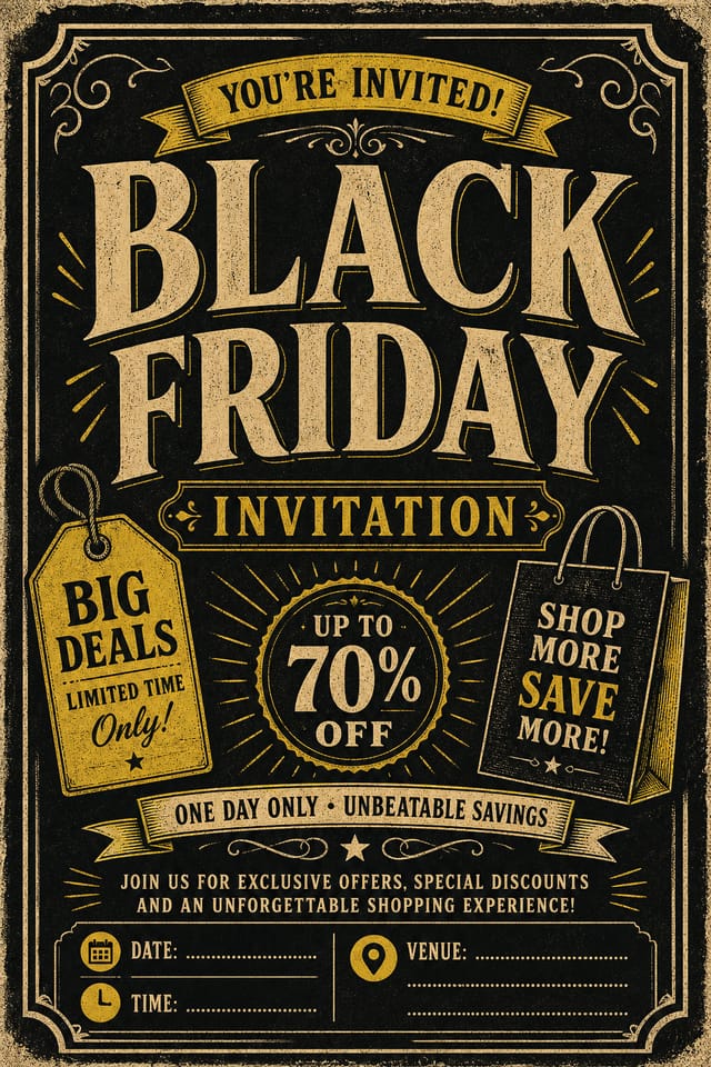Black Friday Invitation — vintage style invitation card, featuring bold black background, neon yellow accents, sale imagery, urgency typography