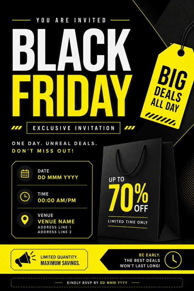 Black Friday Invitation — modern style invitation card, featuring bold black background, neon yellow accents, sale imagery, urgency typography