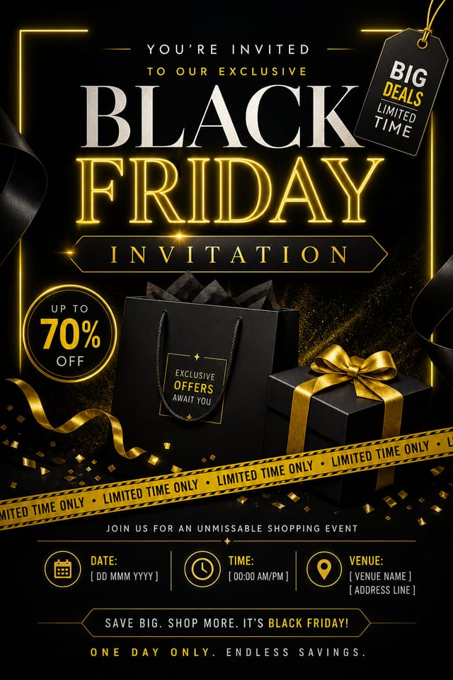 Black Friday Invitation — elegant style invitation card, featuring bold black background, neon yellow accents, sale imagery, urgency typography