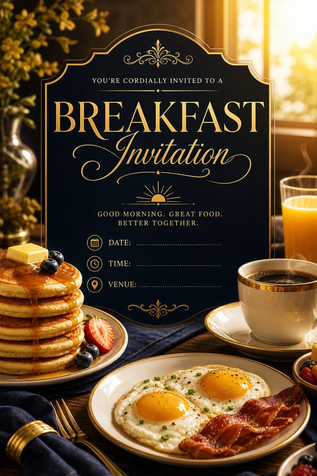 Breakfast Invitation — elegant style invitation card, featuring pancakes, eggs, coffee, morning light, warm yellows