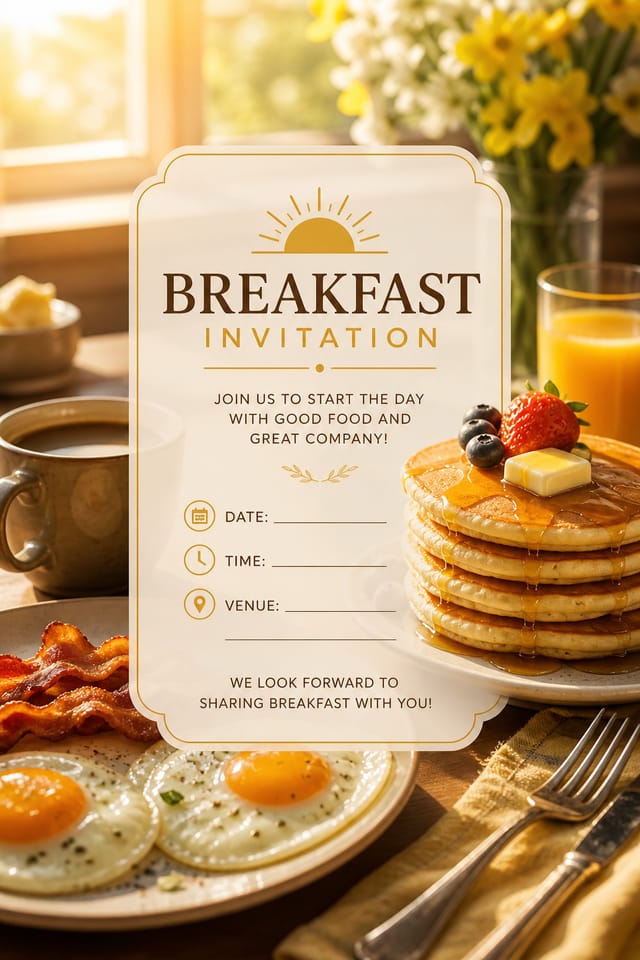 Breakfast Invitation — photo-realistic style invitation card, featuring pancakes, eggs, coffee, morning light, warm yellows