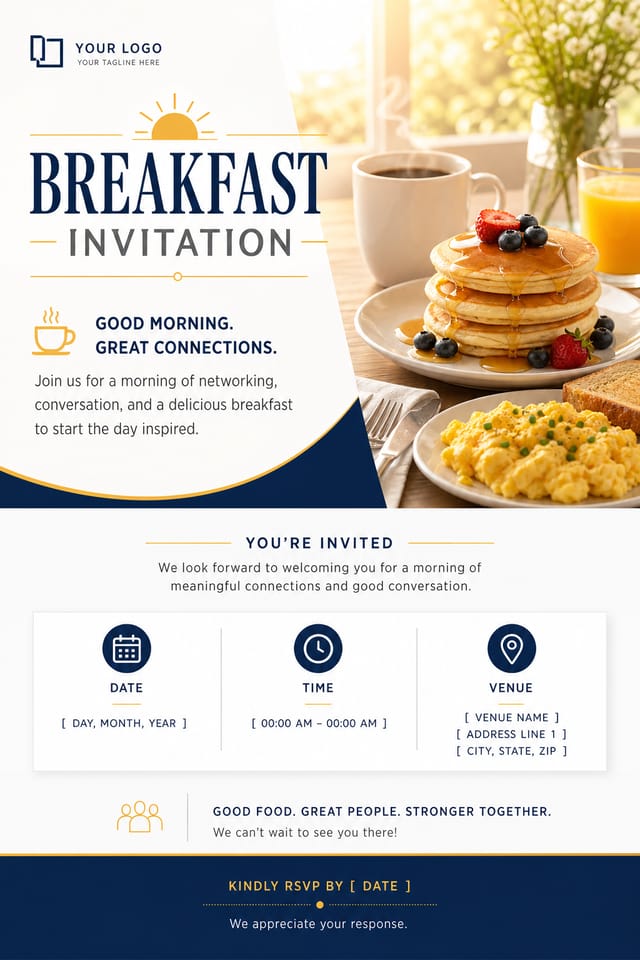 Breakfast Invitation — corporate style invitation card, featuring pancakes, eggs, coffee, morning light, warm yellows