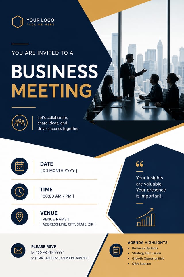 Business Meeting Invitation — modern style invitation card, featuring professional office imagery, suit silhouettes, navy and gold palette