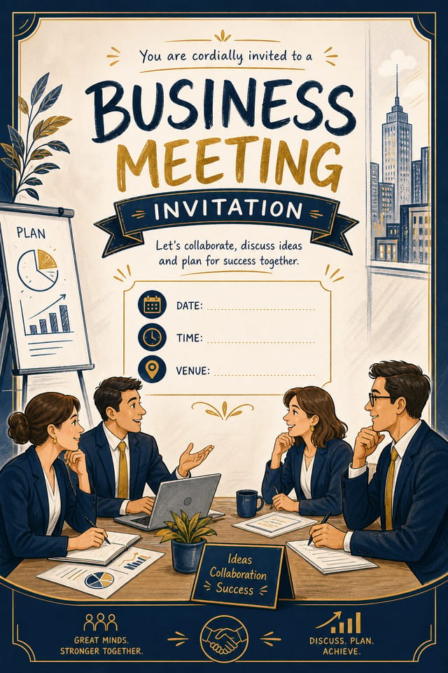Business Meeting Invitation — illustration style invitation card, featuring professional office imagery, suit silhouettes, navy and gold palette