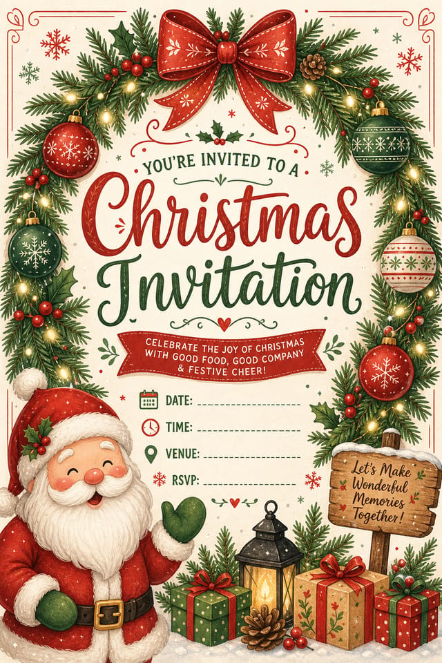 Christmas Invitation — illustration style invitation card, featuring pine wreaths, ornaments, red and green palette, snowflakes, festive lights