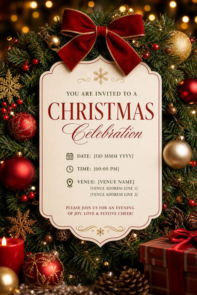 Christmas Invitation — photo-realistic style invitation card, featuring pine wreaths, ornaments, red and green palette, snowflakes, festive lights