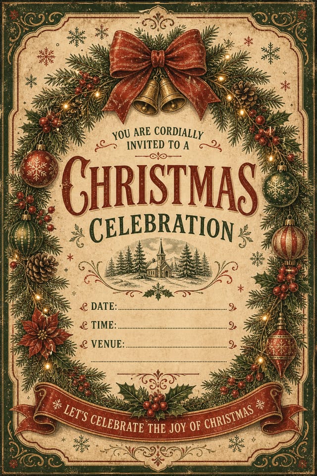Christmas Invitation — vintage style invitation card, featuring pine wreaths, ornaments, red and green palette, snowflakes, festive lights