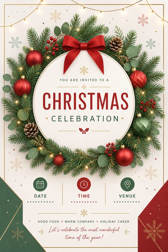 Christmas Invitation — modern style invitation card, featuring pine wreaths, ornaments, red and green palette, snowflakes, festive lights