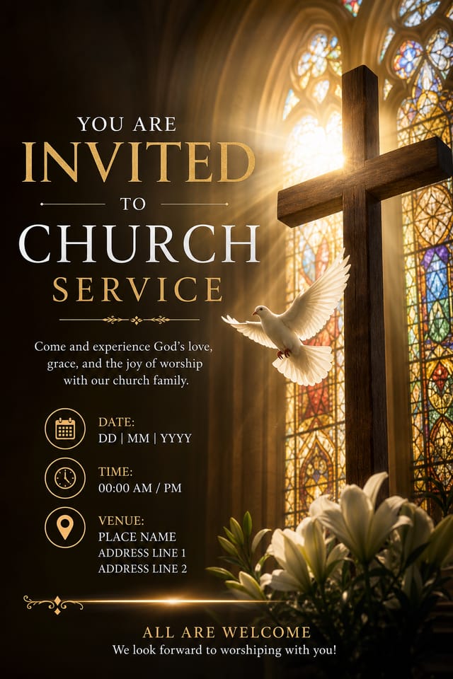 Church Invitation — photo-realistic style invitation card, featuring cross, stained glass, dove, warm divine palette