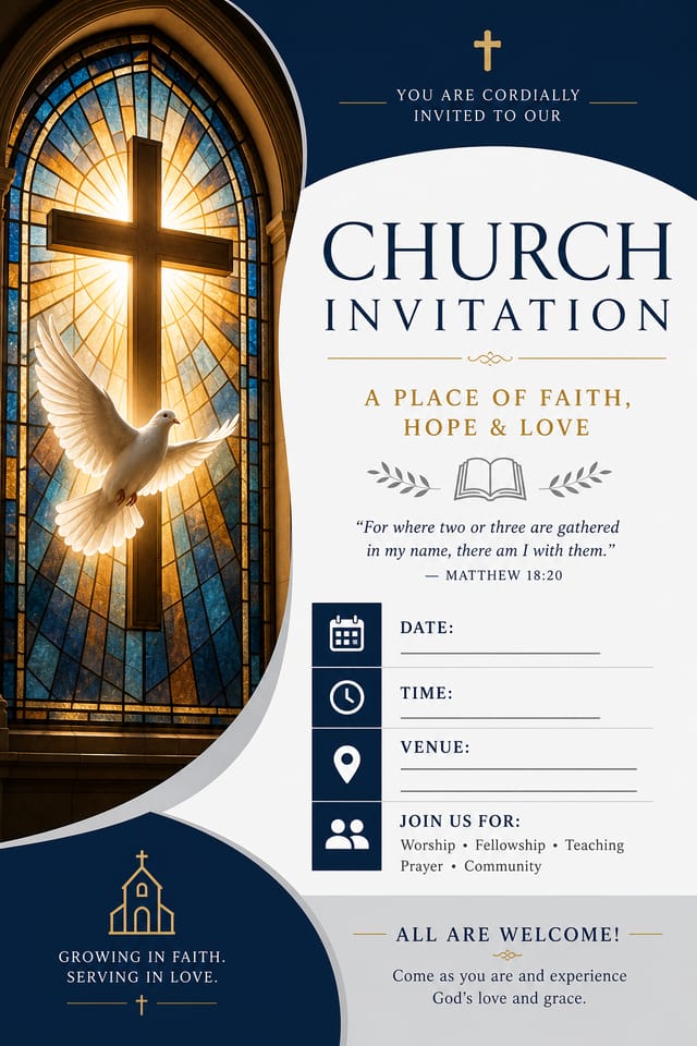 Church Invitation — corporate style invitation card, featuring cross, stained glass, dove, warm divine palette