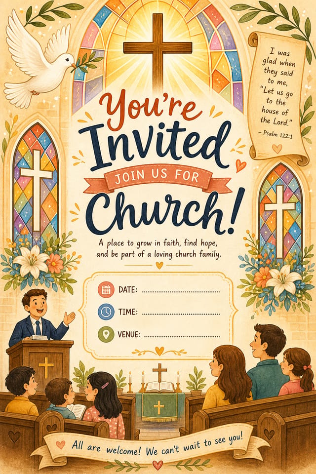 Church Invitation — illustration style invitation card, featuring cross, stained glass, dove, warm divine palette