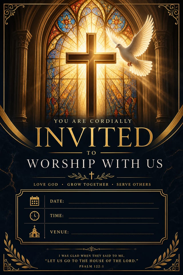 Church Invitation — elegant style invitation card, featuring cross, stained glass, dove, warm divine palette