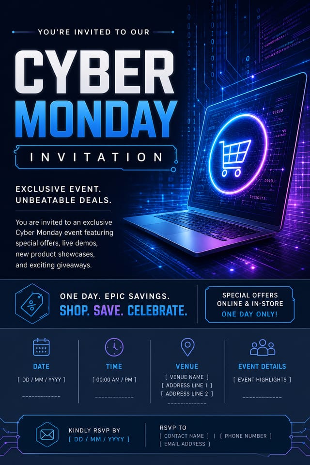 Cyber Monday Invitation — corporate style invitation card, featuring digital tech imagery, neon blue/purple, code patterns, bold sale typography