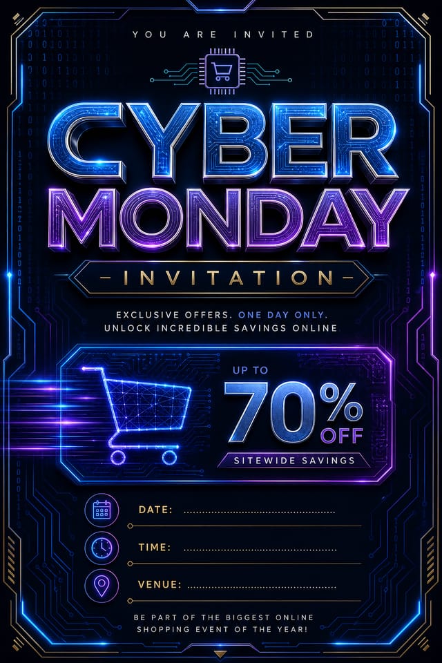 Cyber Monday Invitation — elegant style invitation card, featuring digital tech imagery, neon blue/purple, code patterns, bold sale typography