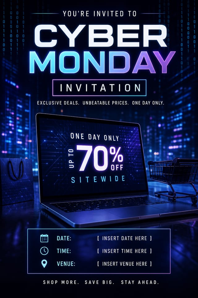 Cyber Monday Invitation — photo-realistic style invitation card, featuring digital tech imagery, neon blue/purple, code patterns, bold sale typography