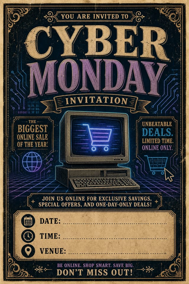 Cyber Monday Invitation — vintage style invitation card, featuring digital tech imagery, neon blue/purple, code patterns, bold sale typography