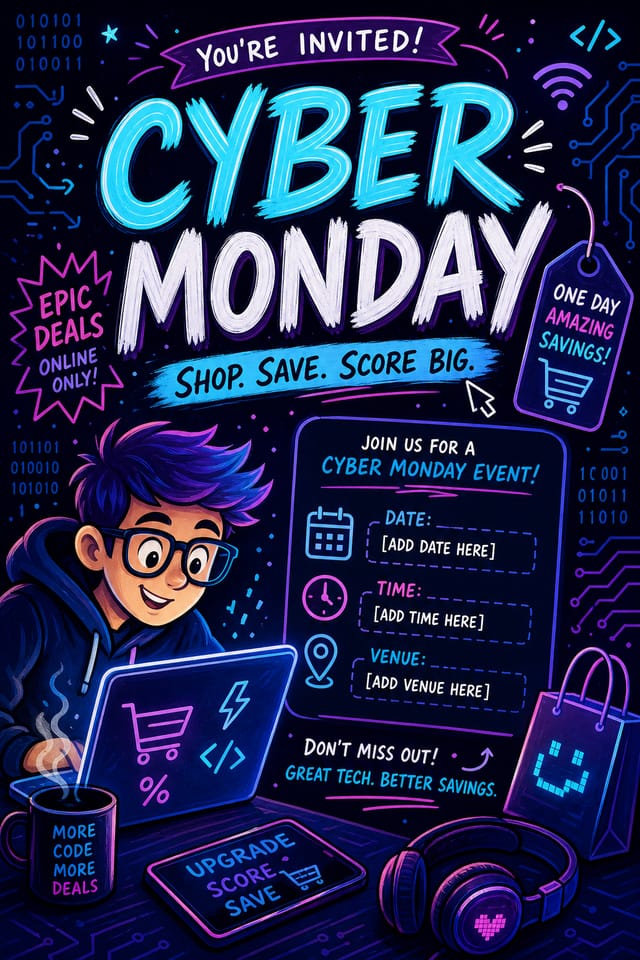 Cyber Monday Invitation — illustration style invitation card, featuring digital tech imagery, neon blue/purple, code patterns, bold sale typography