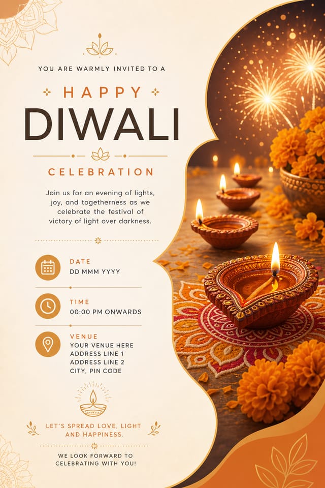 Diwali Invitation — modern style invitation card, featuring glowing diya lamps, marigold flowers, rangoli patterns, golden-orange palette, fireworks