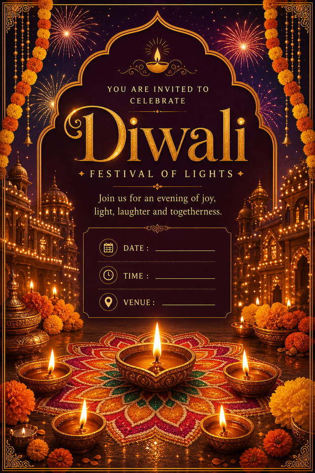 Diwali Invitation — elegant style invitation card, featuring glowing diya lamps, marigold flowers, rangoli patterns, golden-orange palette, fireworks